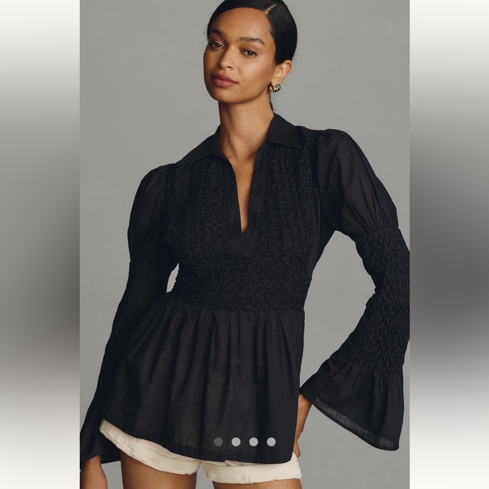 Anthropologie Smocked Bodice Blouse-Black X-LARGE XL Renaissance Style